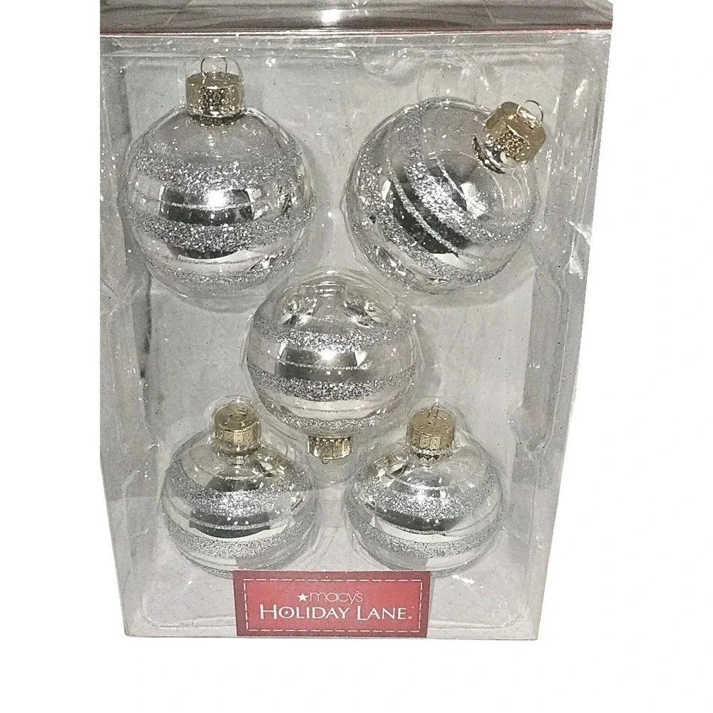 Macy's Holiday Lane Christmas Ornaments 5 Clear Balls With Silver Glitter Stripe
